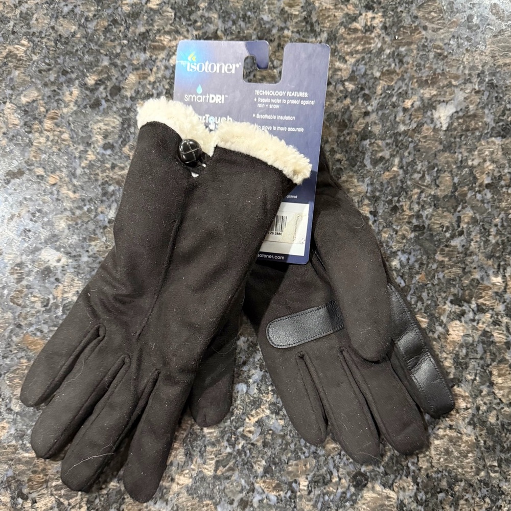 Isotoner Black Gloves with Cream Trim